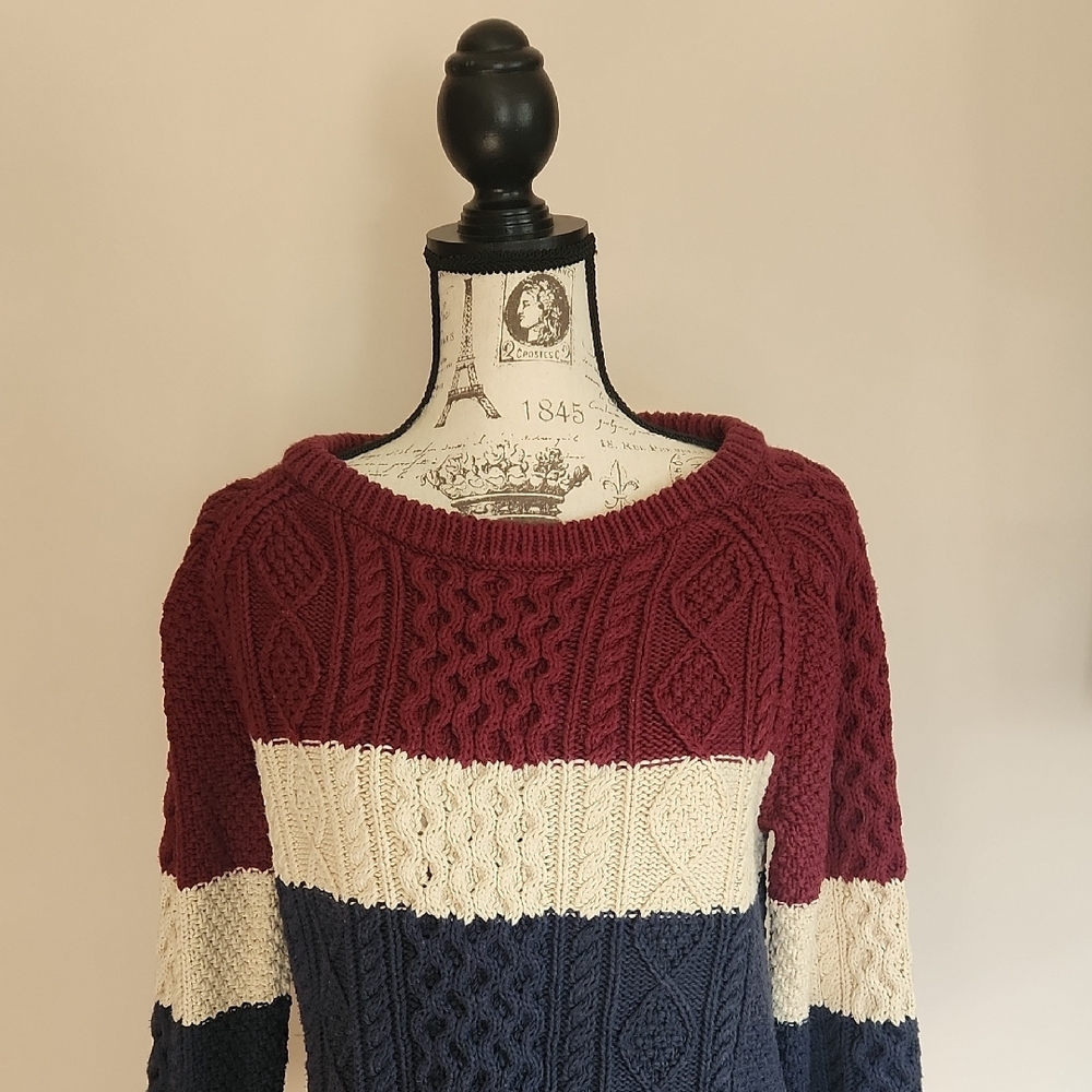L.L. Bean Burgundy, Cream, and Navy Cable Knit Sweater - Picture 3 of 7